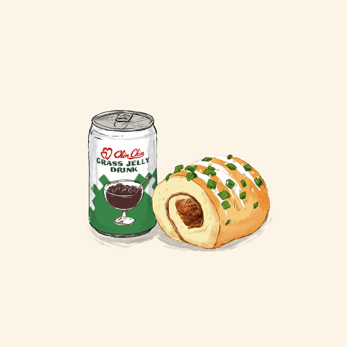 Illustration of a grass jelly drink can and a filled bread roll
